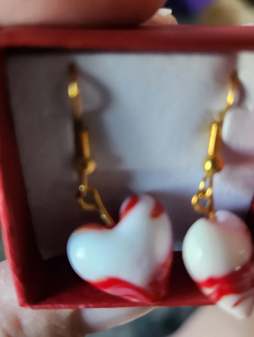 Red Glass Heart Earrings On 24kt Gold Over Stainless Steel Earwires.